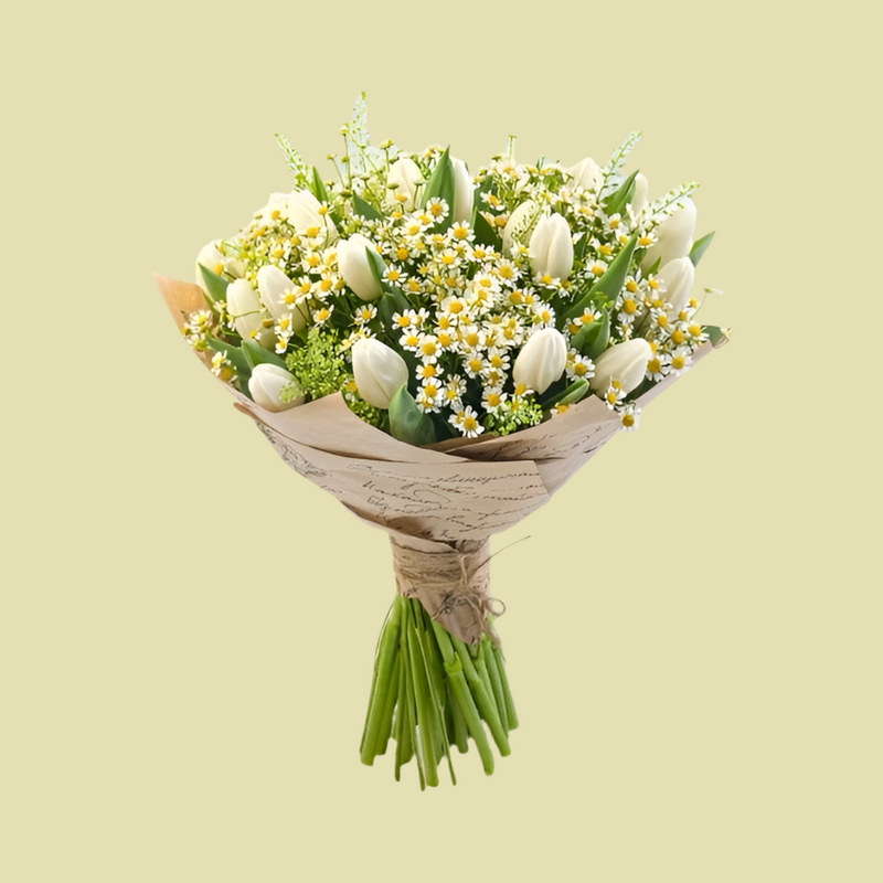 Bouquet di tulipani e camomilla