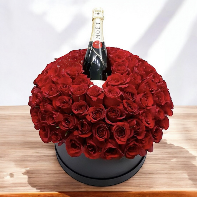 Scatola cilindrica con rose e Champagne San Valentino