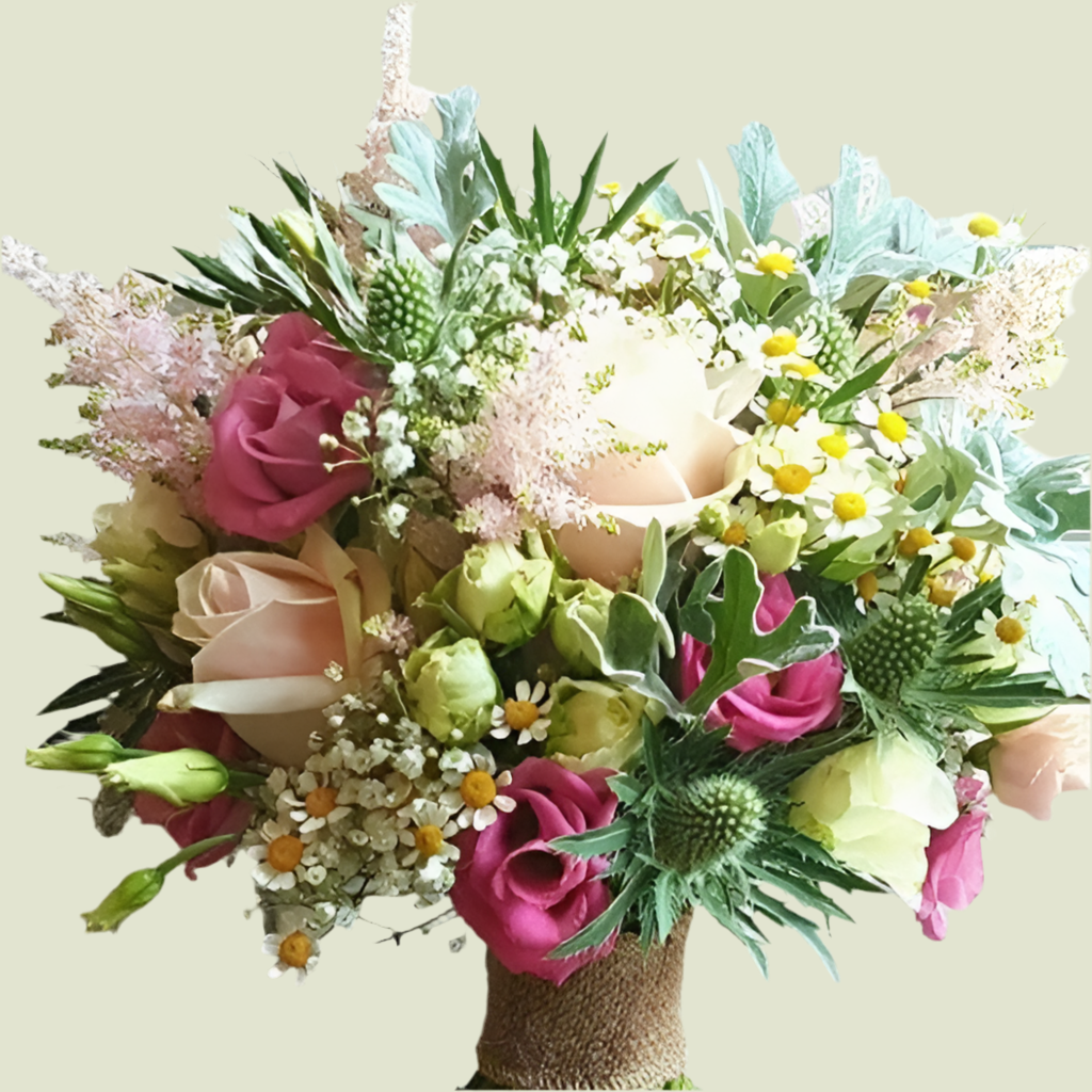 Bouquet di stagione con rose, cardo, lisianthus e verde decorativo