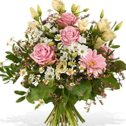 Mazzo di rose, lisianthus, gerbere, margheritine