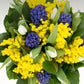 Bouquet per la Festa della Donna con mimosa, tulipani bianchi, giacinti blu