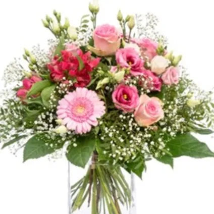 Bouquet di Rose, alstroemeria, lisianthus, gerbere, gypsophila e verde decorativo