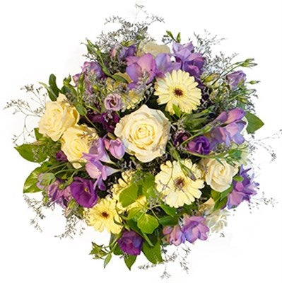 Bouquet di rose, fresie, gerbere, alstroemerie nel colore crema / violetto