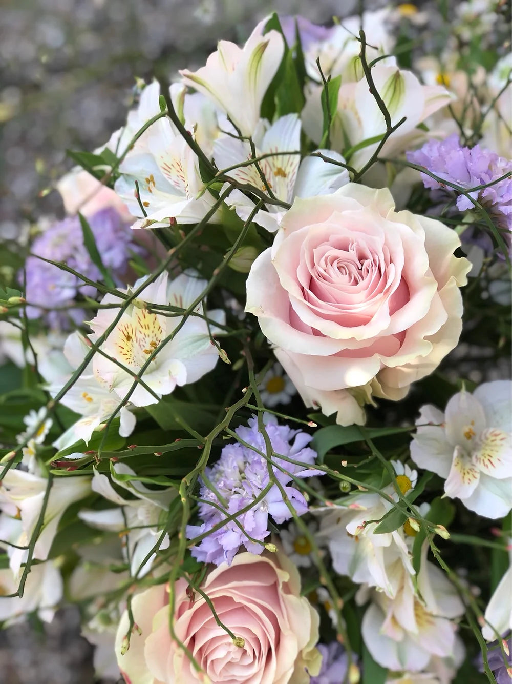 Bouquet di rose, scabiosa e alstroemeria con verde decorativo