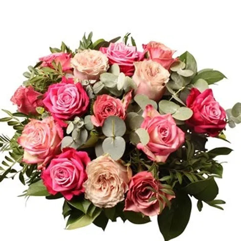Bouquet di 15 Rose in diversi toni di rosa con verde decorativo